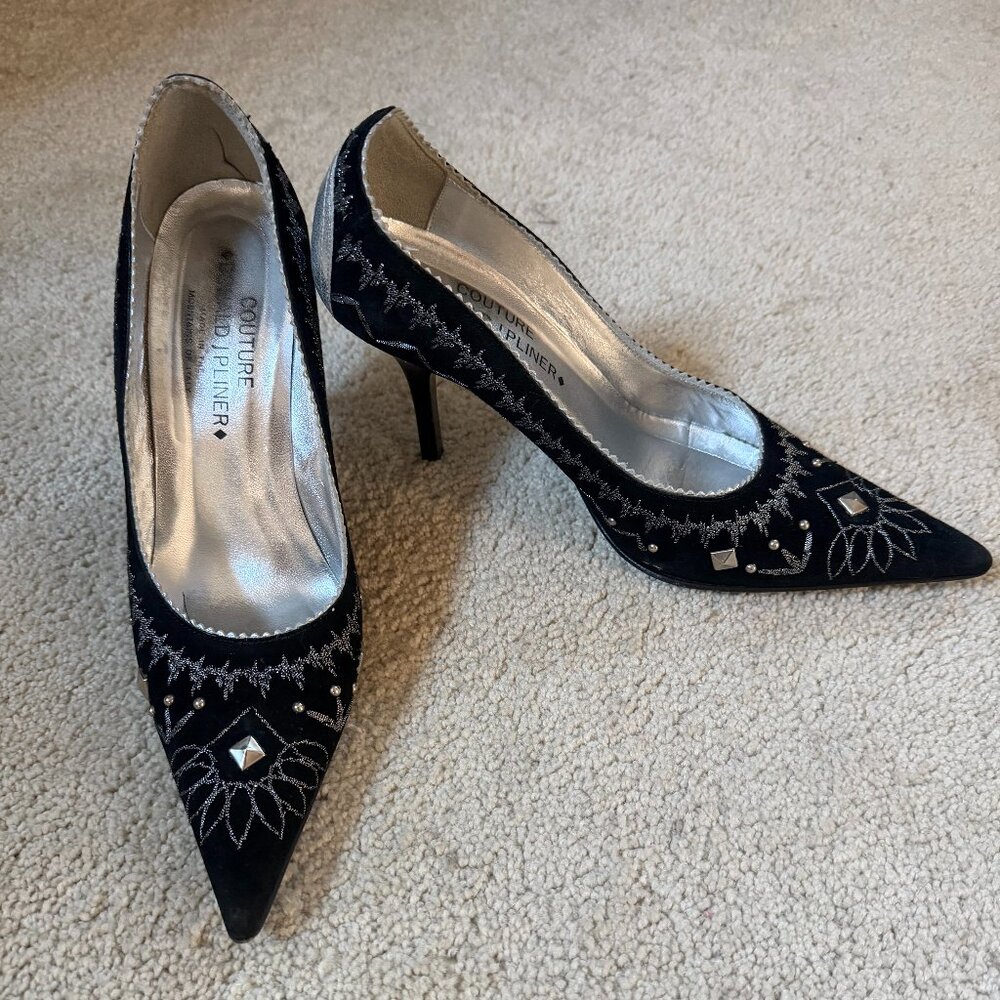 Donald Plinner Couture Suede and Silver embroidered women's heels